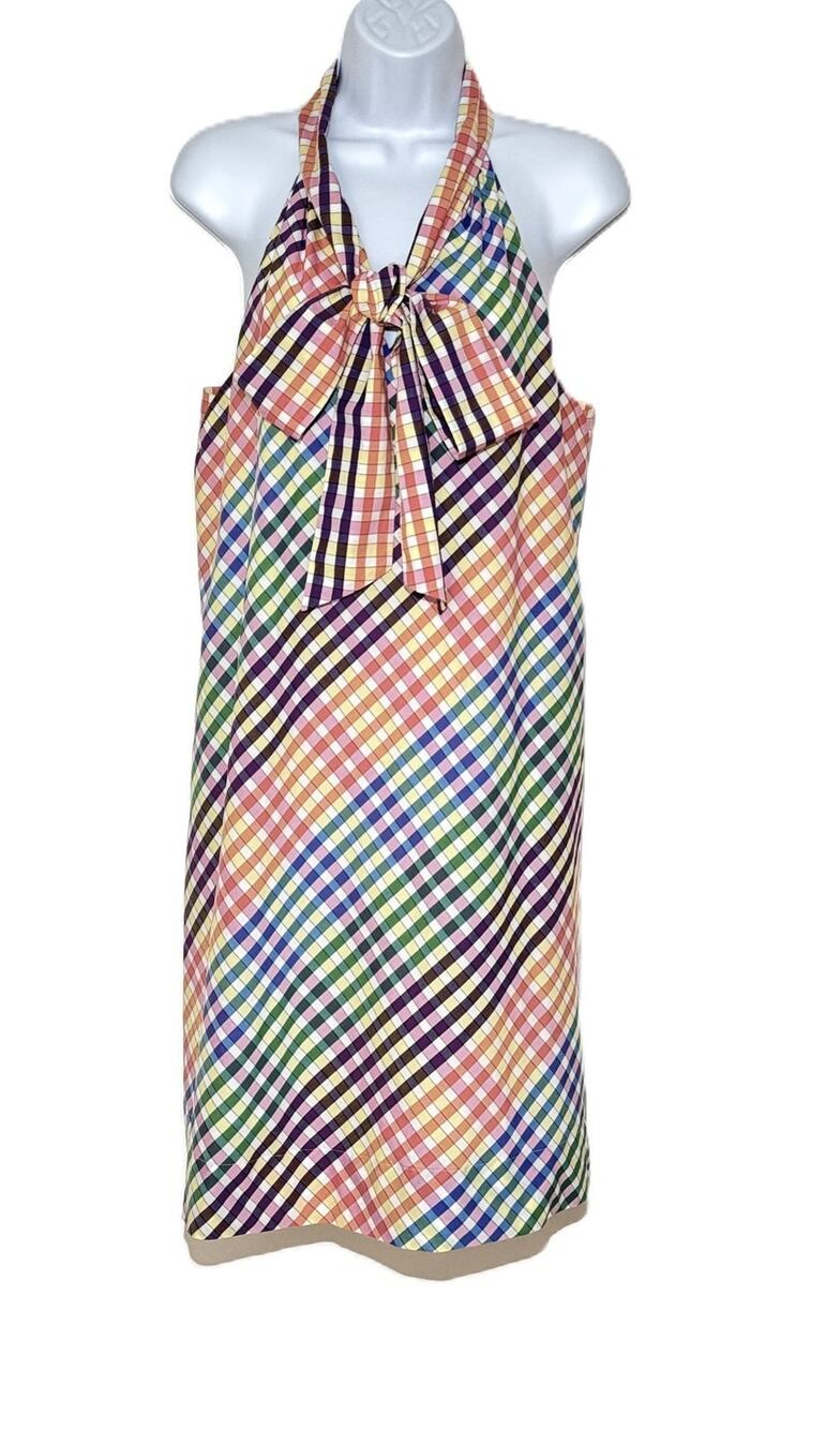J.Crew Rainbow Gingham Halter Dress 10 Multi Color Tie Neck Plaid Summer Mini